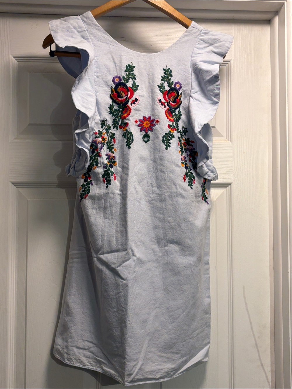 ZARA Trafaluc Collection Women's Blue Dress Sz S Embroidered Floral Ruffles Boho